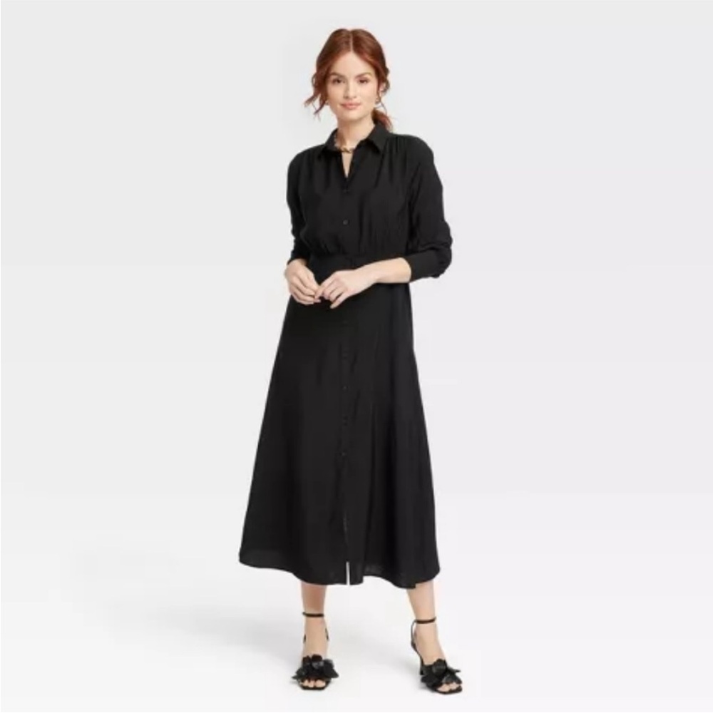 Black Dress Long Sleeve Collared Midi Crepe Shirtdress A New Day Small NWT
